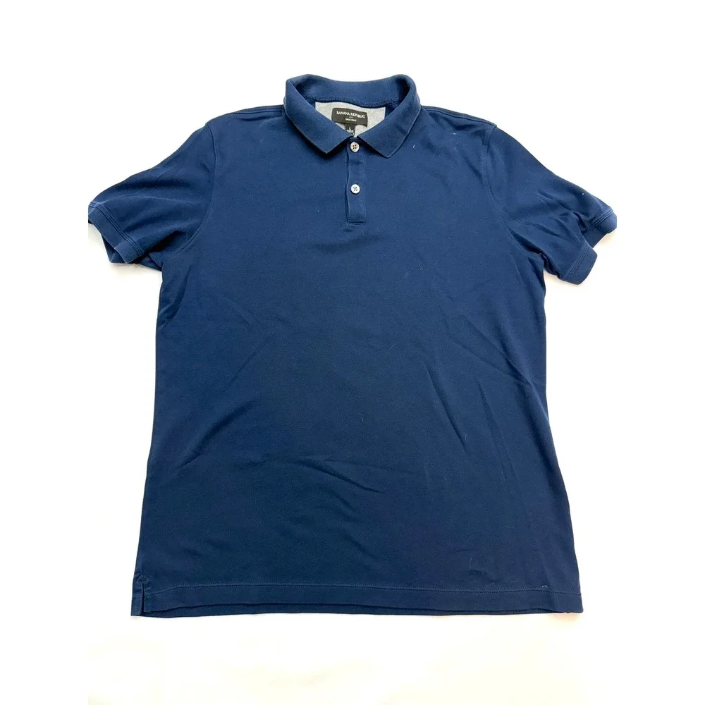 BANANA REPUBLIC Mens Large Navy Blue Short Sleeve Dress Polo Shirt JJ14